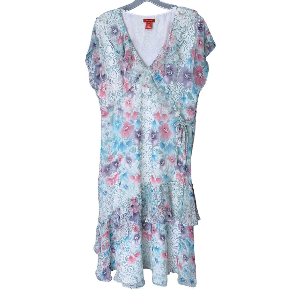 Sundance Silk Floral Ruffle Faux-Wrap Midi Dress Women’s 14 Cottagecore Romantic